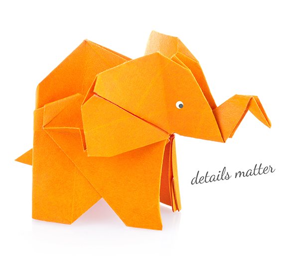 Orange Origami elephant. 'details matter'